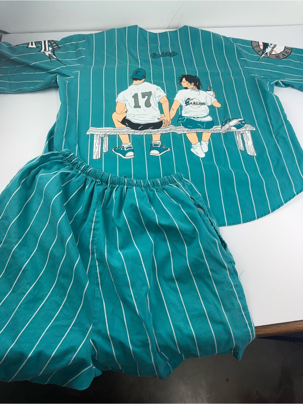 VTG Florida Marlins MLB Button Front Jersey and Shorts Lounge Set Large SEE ALL. - Picture 8 of 9